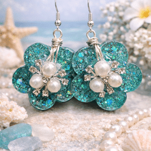 ✨ "Ocean Sparkle" – Handcrafted Teal Glitter Flower Earrings with Pearl & Rhinestone Center