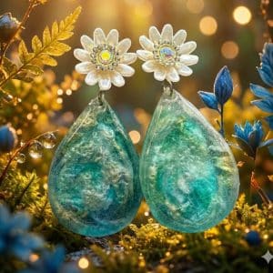 🌼 "Enchanted Garden" – Pearlescent Daisy Studs with Marbled Teal & Gold Resin Drops