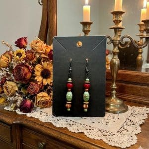 🍂 "Rustic Romance" – Sage Green & Deep Red Beaded Drop Earrings with Antique Bronze Accents