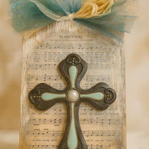 ✝️ "At the Cross" – Rustic Wood Block Art with Ornate Turquoise & Pearl Cross