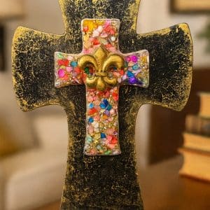 ⚜️ "Royal Faith" – Rustic Black & Gold Standing Cross with Colorful Stone Mosaic & Fleur de Lis