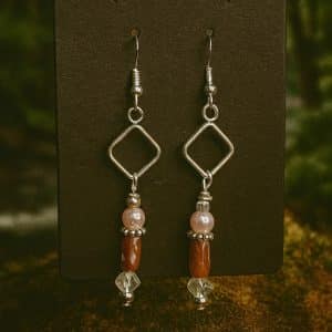 💎 "Geometric Elegance" – Silver Diamond Frame Dangle Earrings with Rose & Pearl Accents