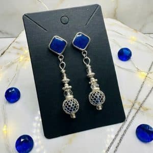 💎 "Midnight Royalty" – Elegant Sapphire Resin & Silver Filigree Dangle Earrings
