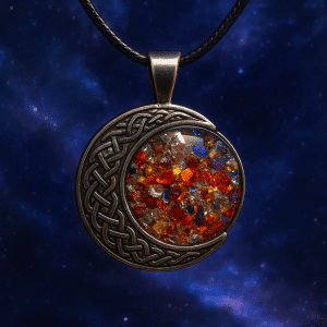 🌙 "Stardust Legacy" – Celtic Knot Moon Necklace with Vibrant Crushed Glass Resin Center