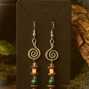 🍃 "Earthen Spiral" – Silver Swirl Dangle Earrings with Rustic Rose & Green Stone Beads