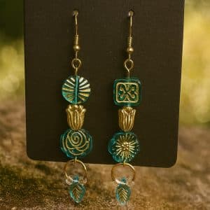 🌿 "Gilded Garden" – Teal & Gold Etched Floral Boho Dangle Earrings