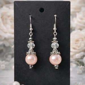 🌸 "Blush Radiance" – Elegant Pink Pearl and Silver Filigree Crystal Earrings
