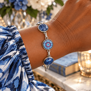 💙✨ Blue-tiful Blessings – Sapphire-Blue Gem & Colorful Mandala Silver-Tone Bezel Link Bracelet