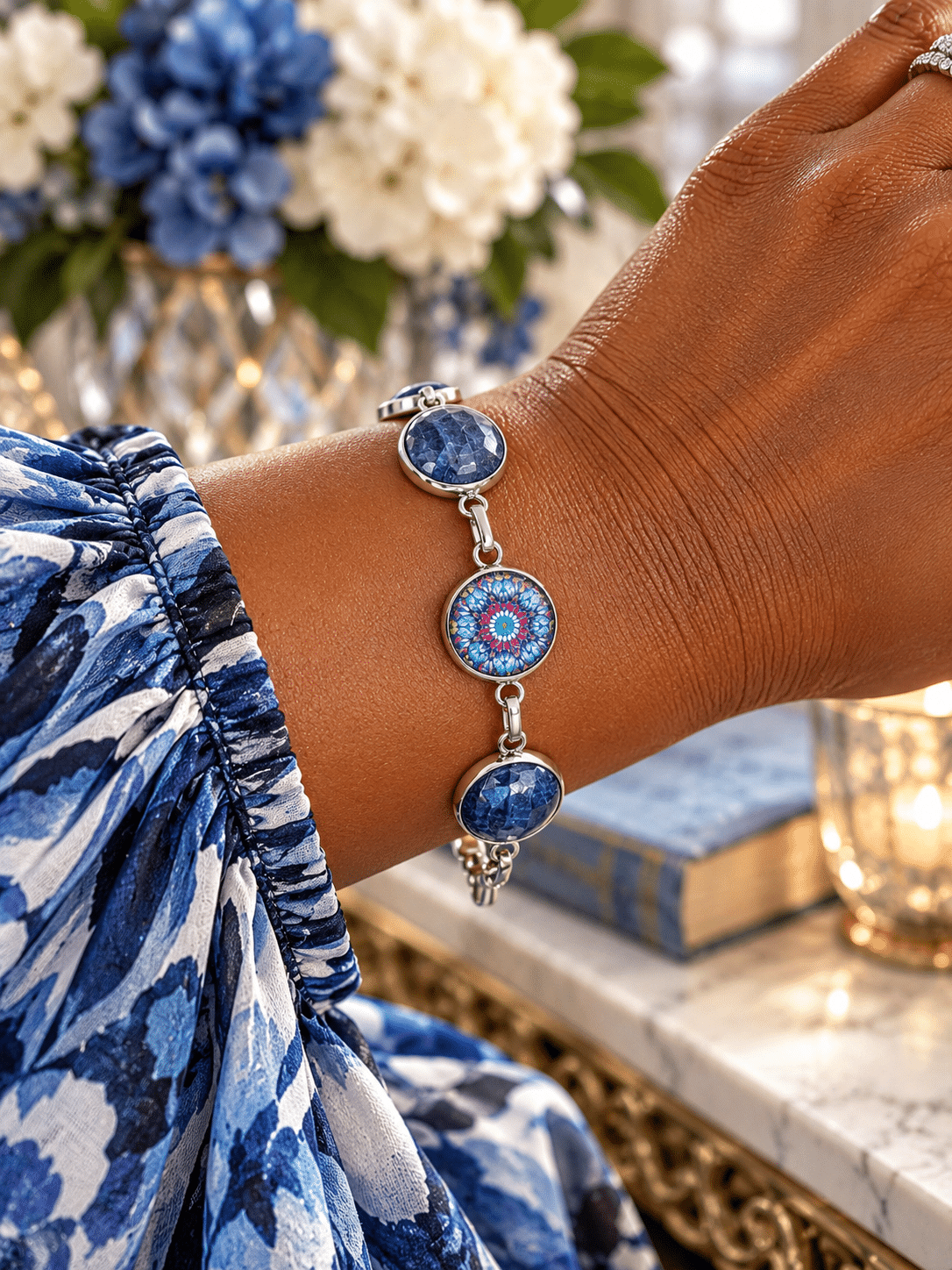 πβ¨ Blue-tiful Blessings β Sapphire-Blue Gem & Colorful Mandala Silver-Tone Bezel Link Bracelet