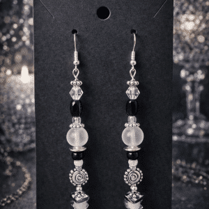 🌙 "Ethereal Moonlight" – Ornate Silver, Pearl, and Black Faceted Crystal Dangle Earrings