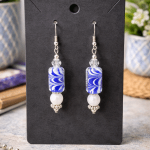 🌊 "Sapphire Tides" – Artisan Blue Swirl Glass and Lustrous Pearl Drop Earrings