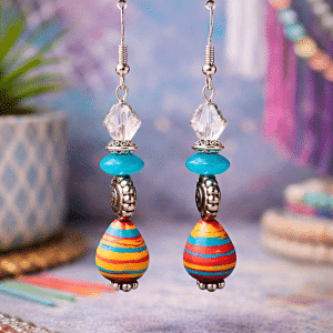 🌈 "Boho Carnival" – Funky Multicolored Striped Drop Earrings with Silver Accents