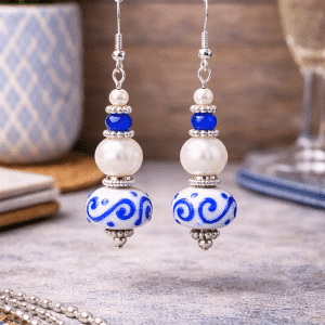 🏺 "Cobalt Porcelain" – Artisan Blue and White Swirl Glass and Pearl Drop Earrings