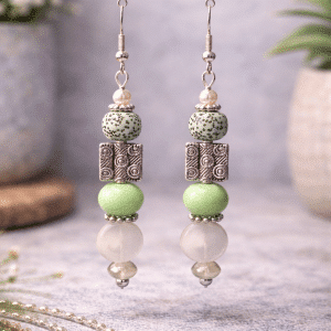 🌿 "Sage Spirit" – Ornate Silver and Earthy Light Green Artisan Boho Dangle Earrings