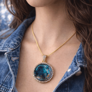 🌌 "Lapis Dreams" – Hand-Painted Gold Bezel Medallion with Shimmering Rhinestone Halo