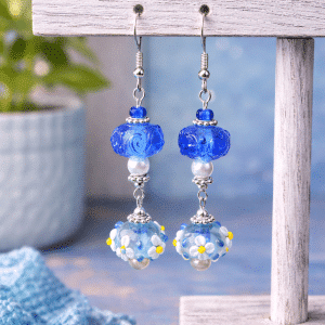 🌼 "Blueberry Blossom" – Handcrafted Blue Swirl and Floral Glass Boho Dangle Earrings