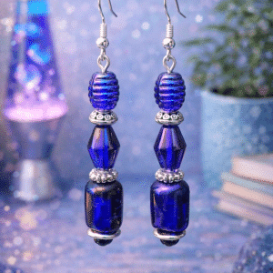 🌌 "Electric Iris" – Funky Iridescent Blue and Purple Tiered Glass Dangles with Silver Accents