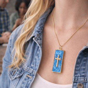 ☁️ "Heavenly Horizon" – Gold-Plated Cross Pendant in Ethereal Blue and White Cloud Resin