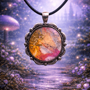 🎨 "Enchanted Palette" – Hand-Painted Abstract Sunset Resin Necklace in Ornate Silver Bezel