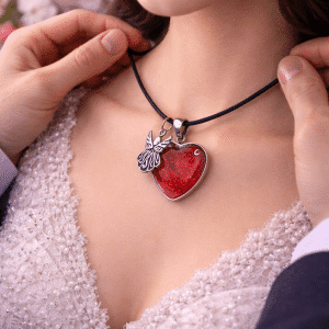 ❤️ "Guardian of My Heart" – Shimmering Ruby Red Glitter Resin Heart Necklace with Silver Angel Charm