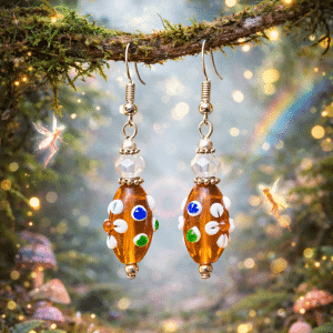🧚✨ "Fairy Garden" – Whimsical Amber Millefiori Glass and Crystal Gold Dangle Earrings