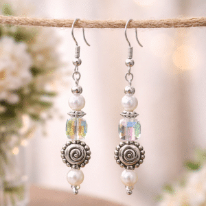 🌀 "Starlight Spiral" – Iridescent Cube Crystal and Artisan Silver Pearl Dangle Earrings
