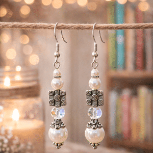 🎡 "Cosmic Whirl" – Artisan Silver Square Motif with Iridescent Crystal and Pearl Drop Earrings