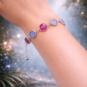 💮 "Graceful Mosaic" – Handcrafted Pink Stone and Blue Floral Patterned Bezel Link Bracelet