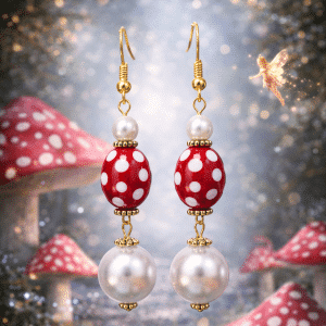 🍓✨"Pixie Berry" – Whimsical Red Polka Dot and Luminous Pearl Gold Dangle Earrings