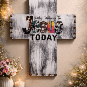🙏 "Only Talking to Jesus" – Handcrafted Distressed Wood Cross Wall Art with Leopard & Floral Detail