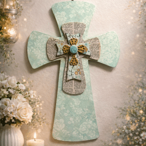 📜🙏 "Eternal Testimony" – Handcrafted Four-Tiered Teal Floral, Vintage Script, and Gilded Filigree Cross