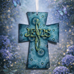 🦋 "Azure Faith" – Handcrafted Layered Teal Floral Hanging Cross with Sculpted "Jesus" Detail