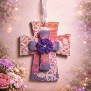 💜 "Violet Bloom" – Handcrafted Layered Sunset Mandala Hanging Cross with Purple Silk Petals