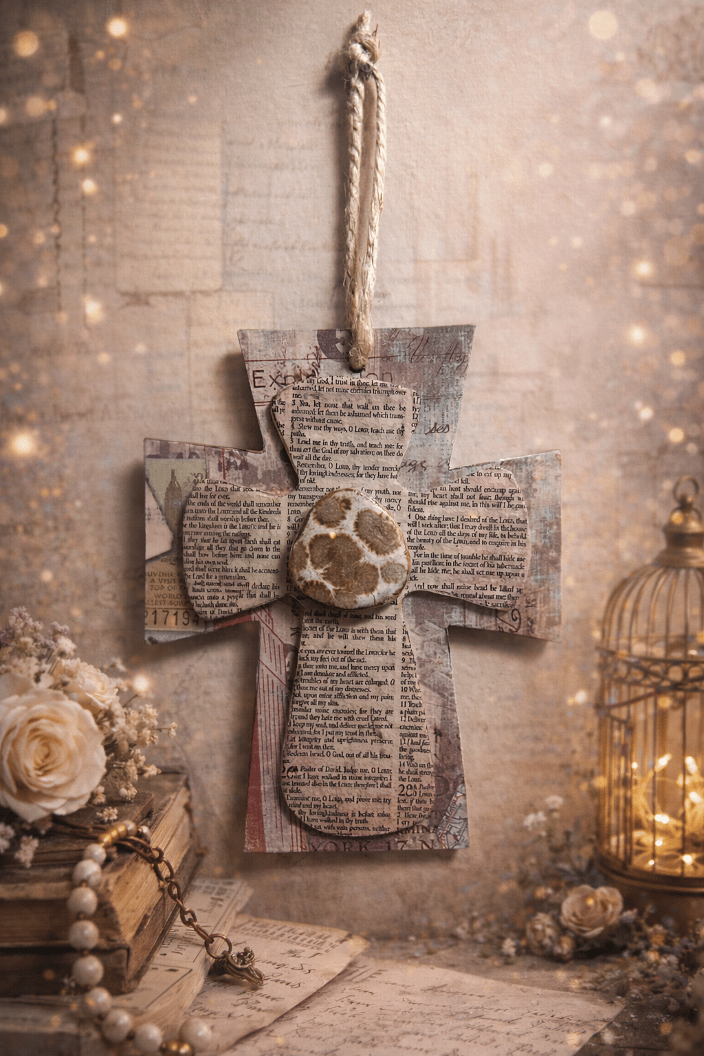 📜🕊️ "Living Word" – Handcrafted Three-Tiered Vintage Scripture and Polished River Stone Hanging Cross