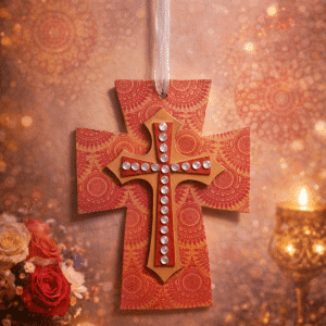 🏮 "Radiant Devotion" – Handcrafted Three-Tiered Sunset Mandala Hanging Cross with Crystal Accents