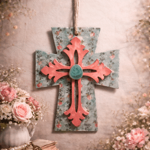 🌹✨ "Petals of Peace" – Handcrafted Layered Vintage Rose and Coral Filigree Hanging Cross