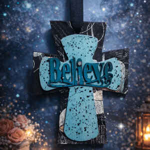 🌌⚓ "Heavenly Hope" – Handcrafted Three-Tiered Celestial Script and Speckled Teal "Believe" Hanging Cross