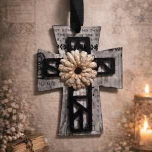 🌻📜 "Scripture in Bloom" – Handcrafted Three-Tiered Vintage Newsprint and Sculpted Sunflower Hanging Cross