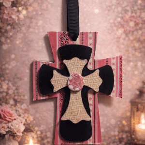 🎀 "Graceful Contrast" – Handcrafted Four-Tiered Pink Stripe, Black, and Geometric Layered Hanging Cross