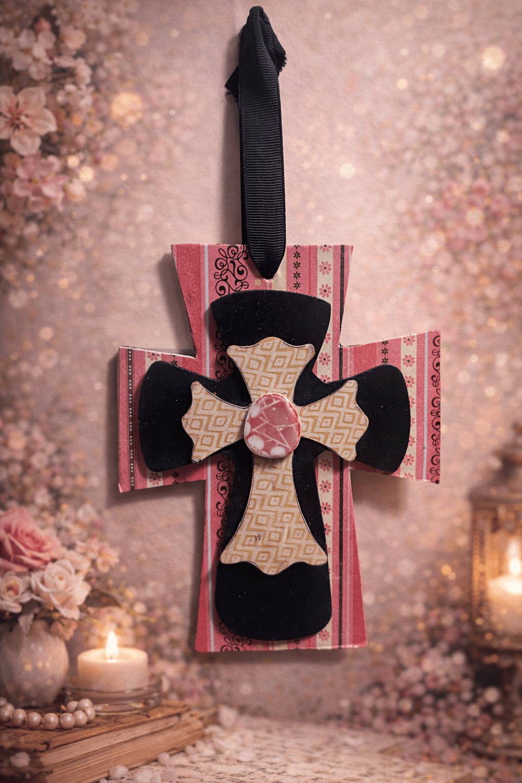 🎀 "Graceful Contrast" – Handcrafted Four-Tiered Pink Stripe, Black, and Geometric Layered Hanging Cross