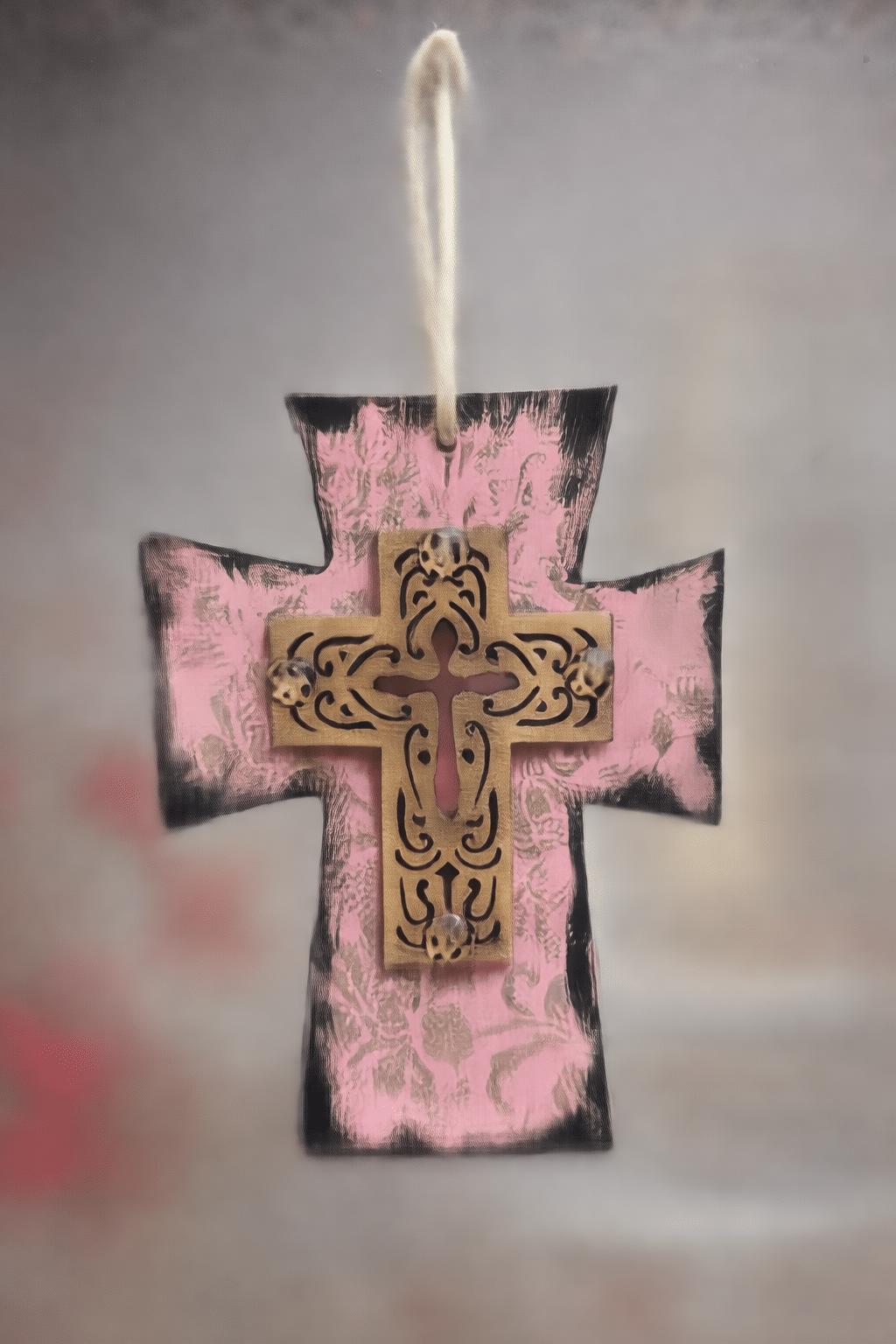 💮 "Rosy Reflection" – Handcrafted Layered Pink Floral and Bronze Filigree Hanging Cross