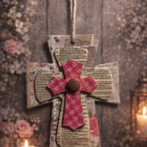 📖 "Scripture & Petals" – Handcrafted Three-Tiered Vintage Floral and Script Hanging Cross