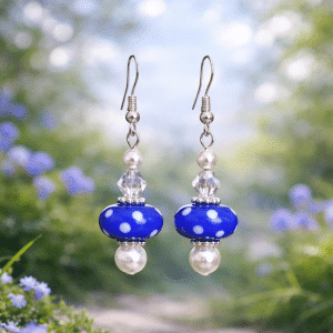 ⚪🔵 "True Blue Joy" – Handcrafted Polka Dot Glass and Iridescent Crystal Drop Earrings