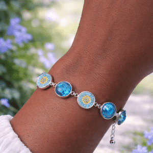 💠 "Mosaic Meditations" – Handcrafted Brilliant Turquoise and Intricate Floral Mosaic Bezel Link Bracelet