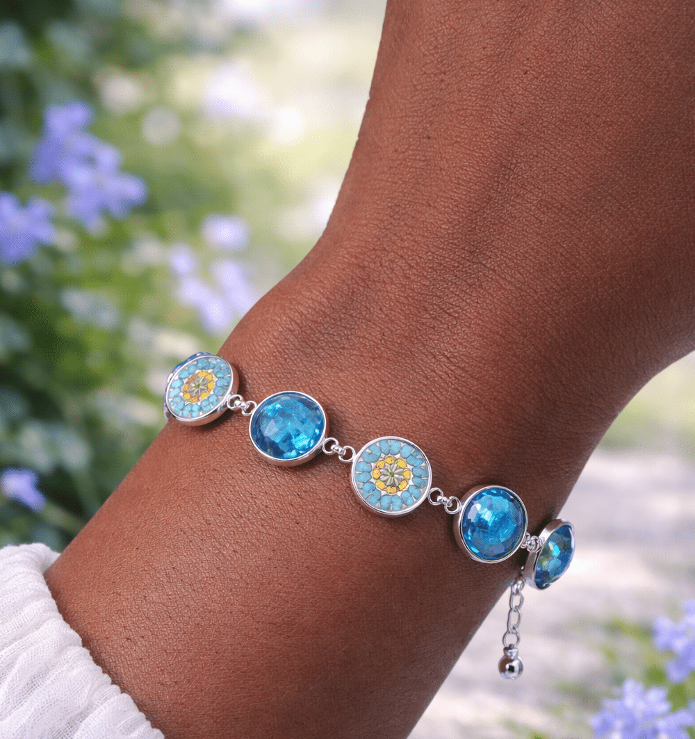 💠 "Mosaic Meditations" – Handcrafted Brilliant Turquoise and Intricate Floral Mosaic Bezel Link Bracelet