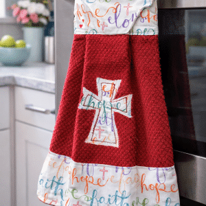 🕊️🍎 "Harvest of Hope" – Handcrafted Red Terry Hanging Kitchen Towel with Rainbow Scripture Script and Cross Appliqué
