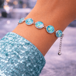 ✨🐚 "Serene Shimmer" – Handcrafted Iridescent Turquoise Mermaid Scale Silver Bezel Link Bracelet
