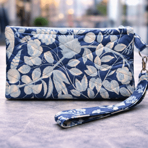 💠🌿 "Sapphire Sprig" – Handcrafted Diamond-Quilted Botanical Wristlet in Deep Indigo and Cream