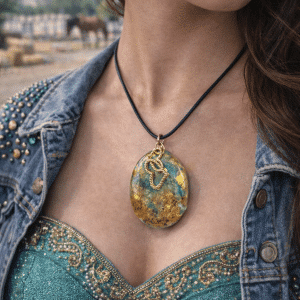🌍✨ "Earthy Elegance" – Handcrafted Marbled Gold and Teal Resin Oval Necklace with Gold Double Heart Charm