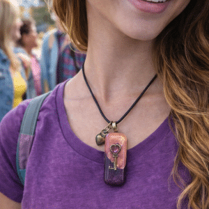 🌅🗝️ "Sunset Secret" – Handcrafted Two-Tone Plum and Gold Resin Necklace with Embedded Key and Heart Charm